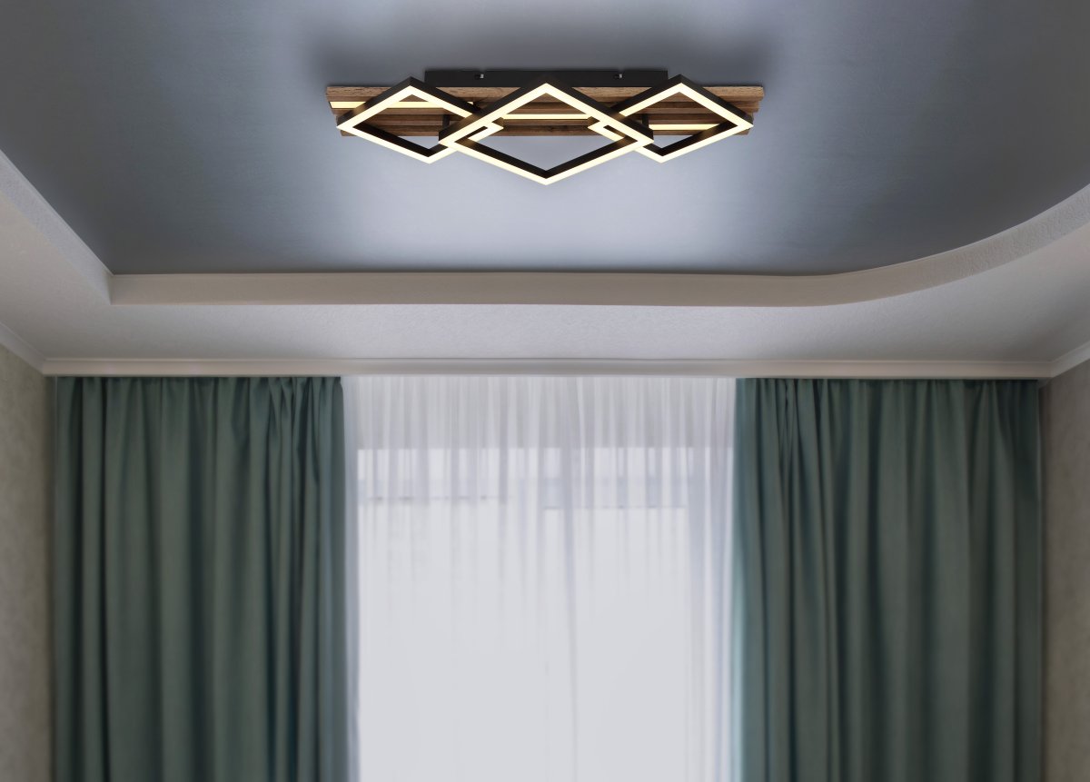Obrien 60cm Holz deckenleuchte Von Globo Lighting - Takf&auml;stet som efterliknar akustikpanel i kombination med de mattsvarta detaljerna i metall bidrar med industriell k&auml;nsla till rummet.