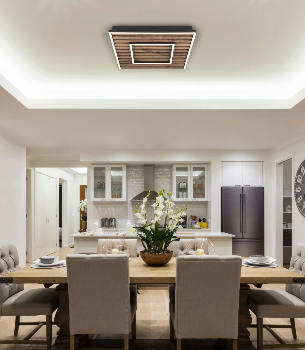 Woody 45cm Holz deckenleuchte Von Globo Lighting - Takf&auml;stet som efterliknar akustikpanel i kombination med de mattsvarta detaljerna i metall bidrar med industriell k&auml;nsla till rummet.