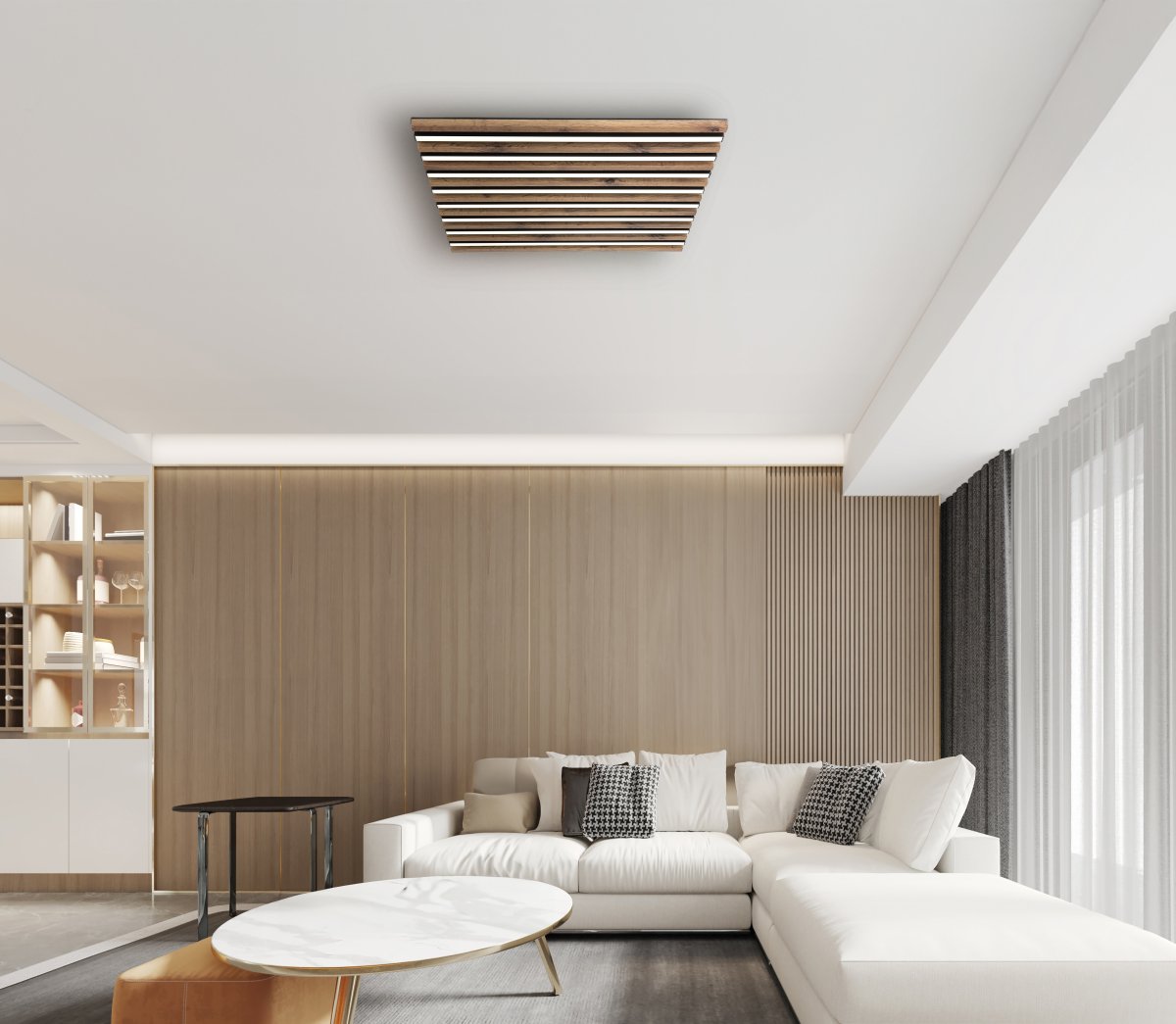 Hayden 60cm Holz deckenleuchte Von Globo Lighting - Den kvadratiska plafonden Hayden &ouml;vertalar med sin moderna akustikpanel-look och bidrar med en h&auml;rlig ljusspridning i rummet.