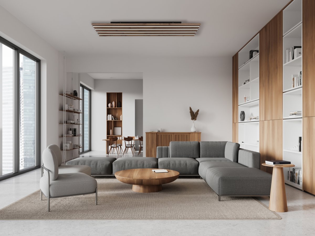 Hayden 120cm Holz deckenleuchte Von Globo Lighting - Den rektangul&auml;ra plafonden Hayden &ouml;vertalar med sin moderna akustikpanel-look och bidrar med en h&auml;rlig ljusspridning i rummet.