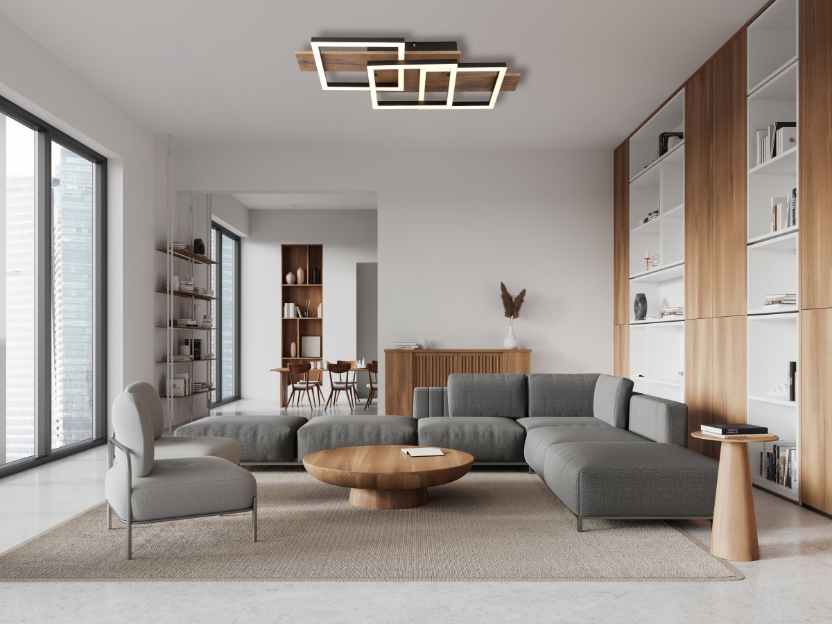 Jeffry 58cm Holz deckenleuchte Von Globo Lighting - Takf&auml;stet som efterliknar tr&auml; i kombination med de mattsvarta detaljerna i metall bidrar med industriell k&auml;nsla till rummet.