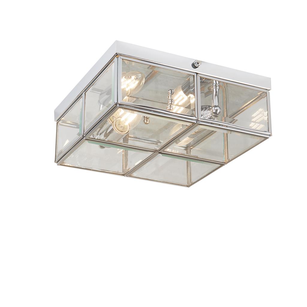 Pisa 25cm Chrom deckenleuchte Von Searchlight - Die quadratischen Paneele aus poliertem Chrom und klarem Glas erzeugen ein spannendes Lichtspiel und ein interessantes Design, das die Blicke auf sich zieht, ohne den Raum zu dominieren.