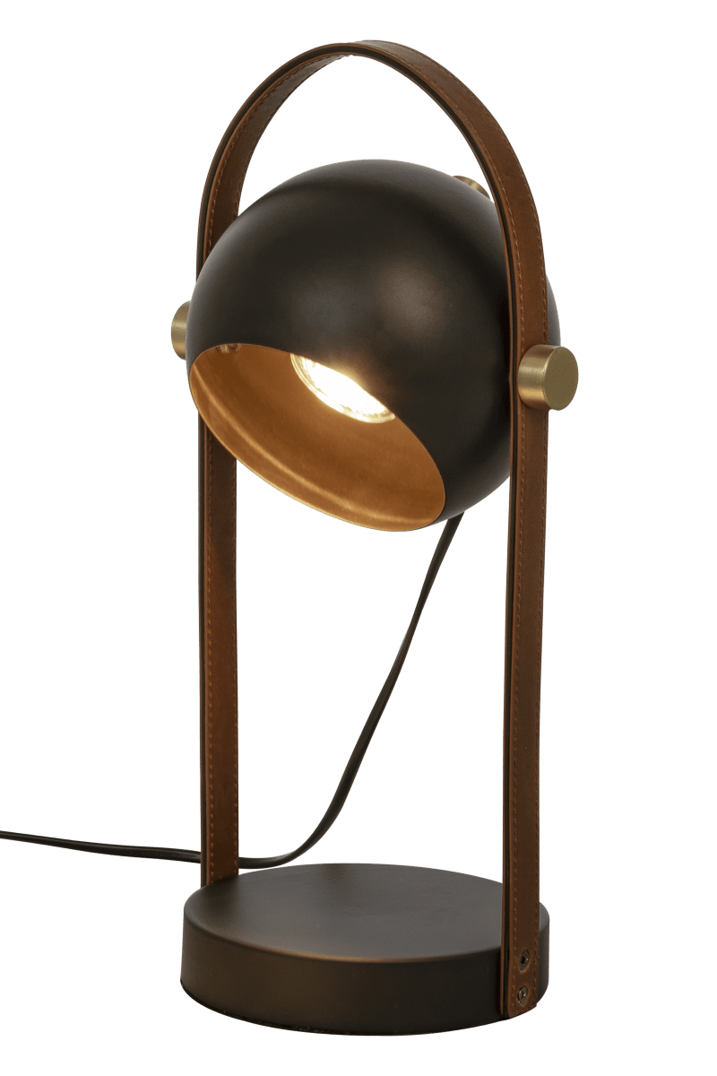 Bow 38cm Schwarz tischlampe Von Aneta Lighting - Bow-Tischlampe aus schwarz lackiertem Metall mit Details aus mattem Messing und braunem Leder.