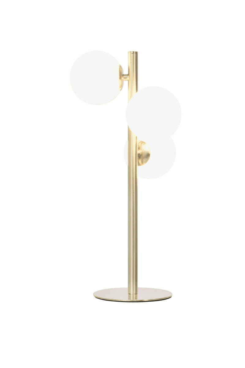 Molekyl 46cm Mattes Messing tischlampe Von Aneta Lighting - Molekyl-Tischlampe mit mattiertem Messingsockel und 3 opalweißen Glasschirmen.