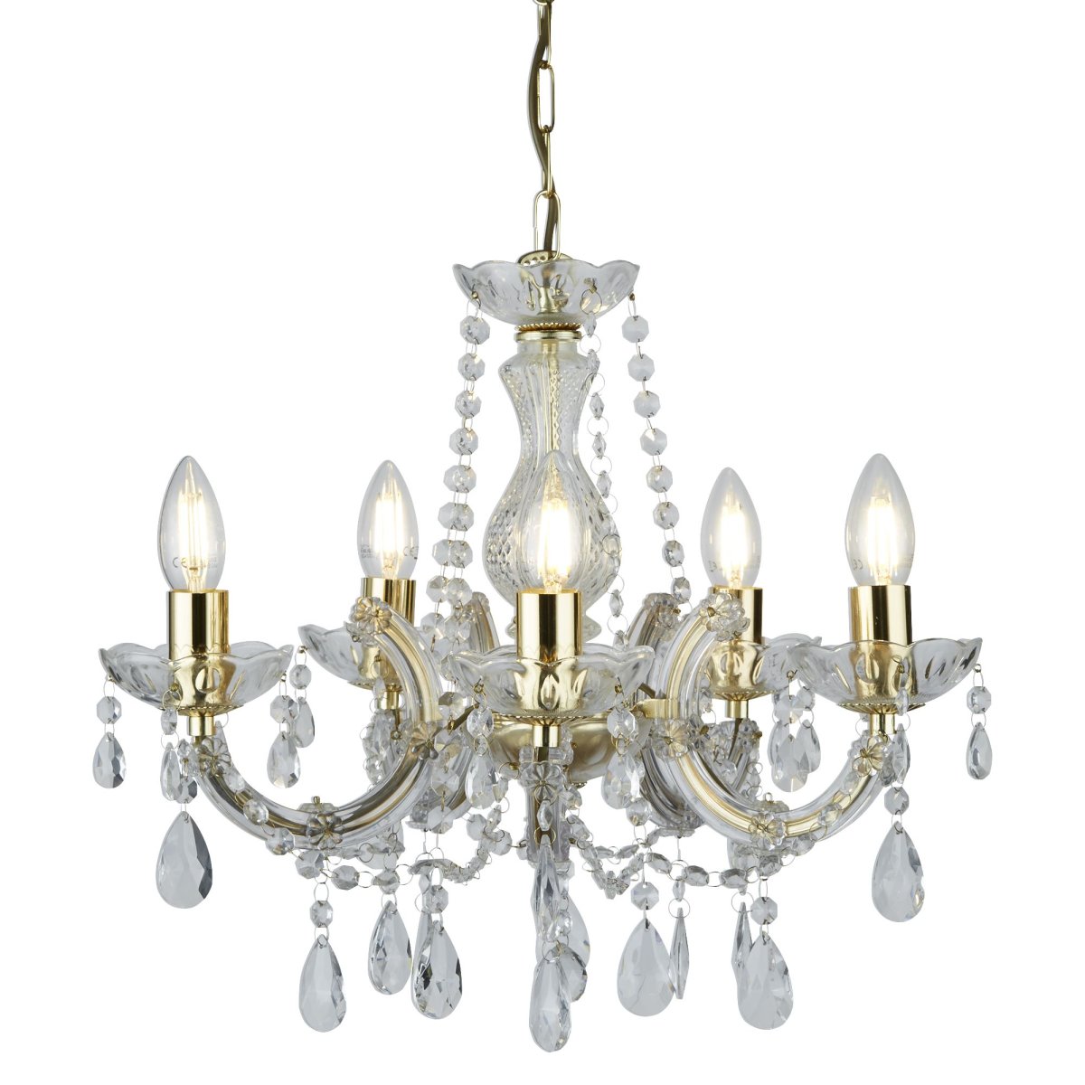 Marie Therese Ø48 Messing hängelampe Von Searchlight - Das traditionelle Design mit modernem Touch ist luxuriös mit Acryltropfen, gedrehten Armen und Glasdetails verziert, die in jedem Interieur einen glamourösen Blickfang bilden.