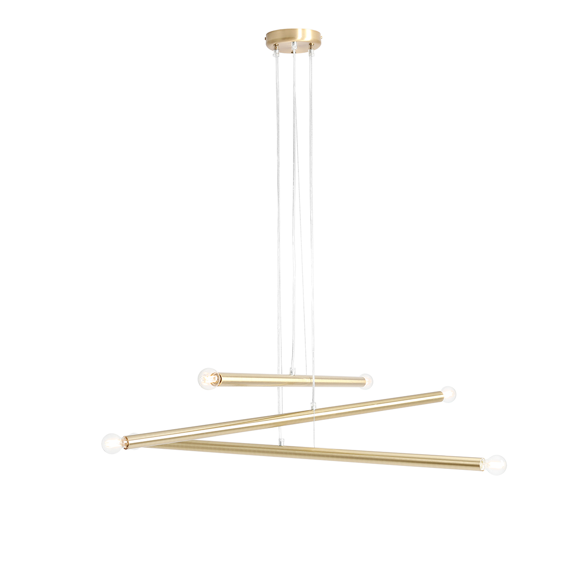 Tubo 6 100cm Messing hängelampe Von Artera - Die Leuchte besteht aus drei schmalen Metallröhren in elegantem Messing-Finish, die in unterschiedlichen Höhen und Winkeln angeordnet sind und so eine dynamische und luftige Optik erzeugen.
