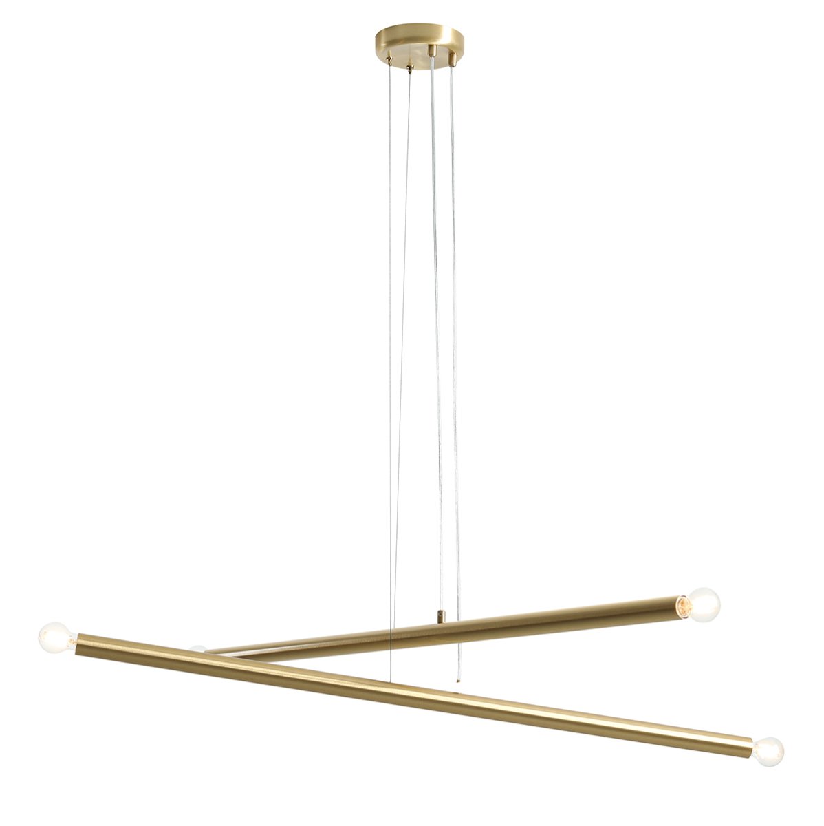Tubo 4 100cm Messing hängelampe Von Artera - Die Leuchte besteht aus zwei schmalen Metallrohren in elegantem Messing-Finish, die in unterschiedlichen Winkeln angeordnet sind und so eine dynamische und luftige Optik erzeugen.