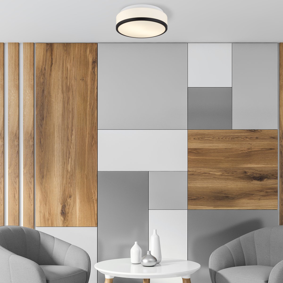 Cheese Ø30 Schwarz badezimmerlampe Von Searchlight - Der mattwei&szlig;e Schirm sorgt f&uuml;r ein weiches und gleichm&auml;&szlig;iges Licht und ist somit ideal sowohl zum Entspannen als auch f&uuml;r den praktischen Gebrauch.