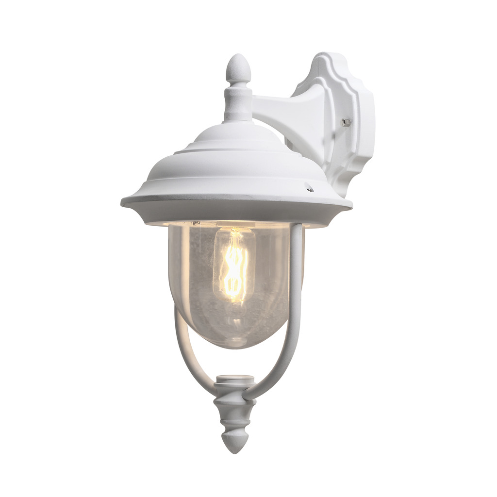 Parma Weiß außenlampe Von Konstsmide - Mit ihrer sch&ouml;nen Form und dem klaren Glasschirm verbreitet sie ein warmes und einladendes Licht, ideal f&uuml;r Eing&auml;nge und Terrassen.