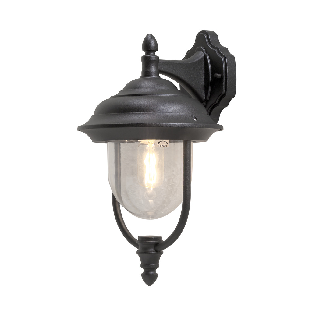 Parma Schwarz außenlampe Von Konstsmide - Mit ihrer schönen Form und dem klaren Glasschirm verbreitet sie ein warmes und einladendes Licht, ideal für Eingänge und Terrassen.