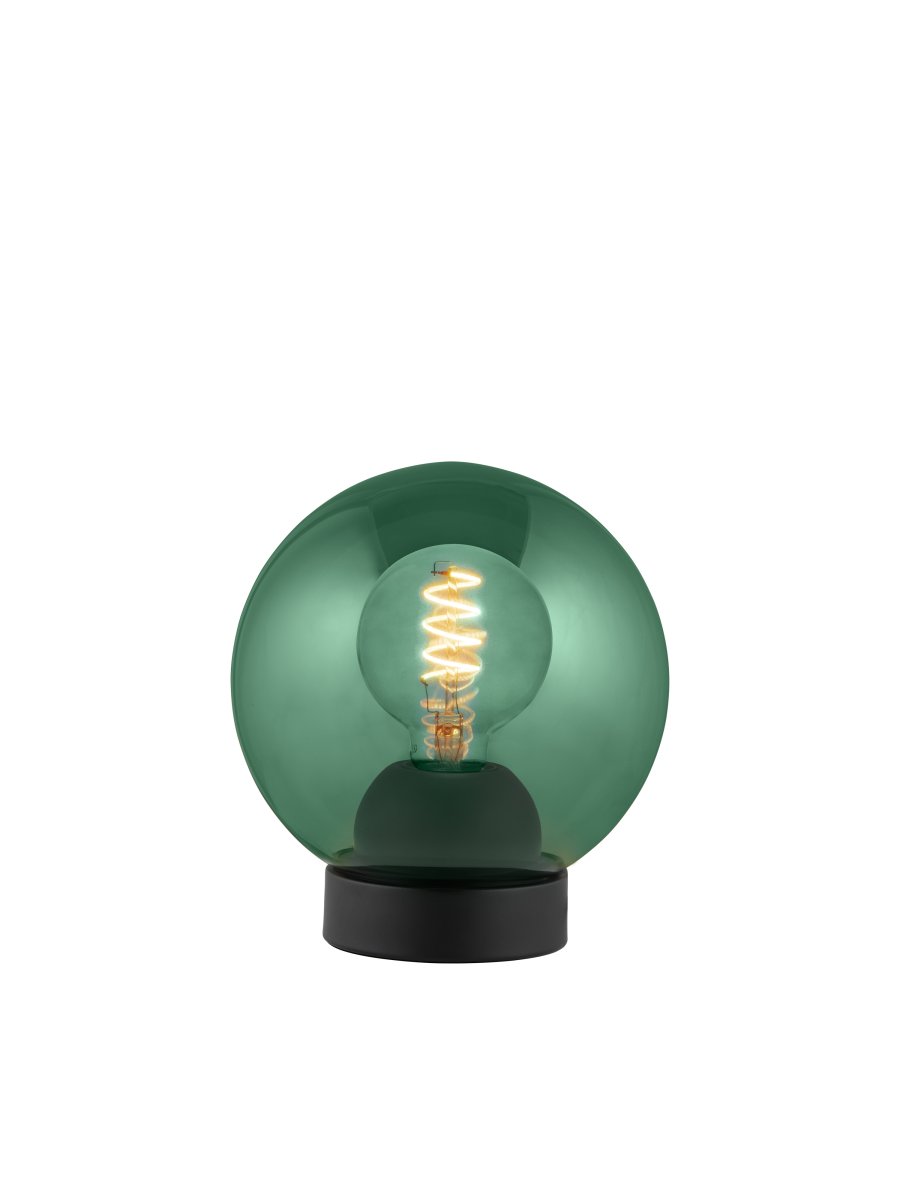 Bubbles 20cm Grün tischlampe Von Halo Design - Das grüne Glas in Kombination mit den mattschwarzen Metalldetails verleiht Eleganz und sorgt im eingeschalteten Zustand für eine schöne Lichtverteilung im Raum.