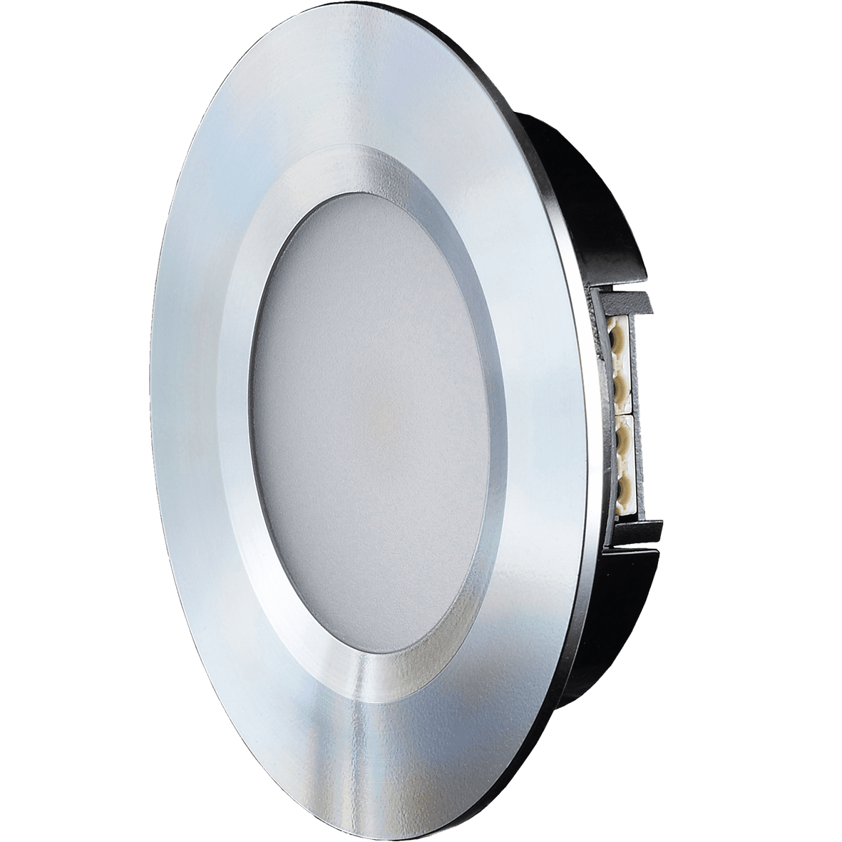 Q-36 Downlight 3000K Aluminium Von Designlight - Die R&uuml;ckseite der Leuchte verf&uuml;gt &uuml;ber eine Schnellanschlussklemme f&uuml;r + und - sowie xx, &uuml;ber die das Minuskabel zum Treiber zur&uuml;ckgef&uuml;hrt werden kann.