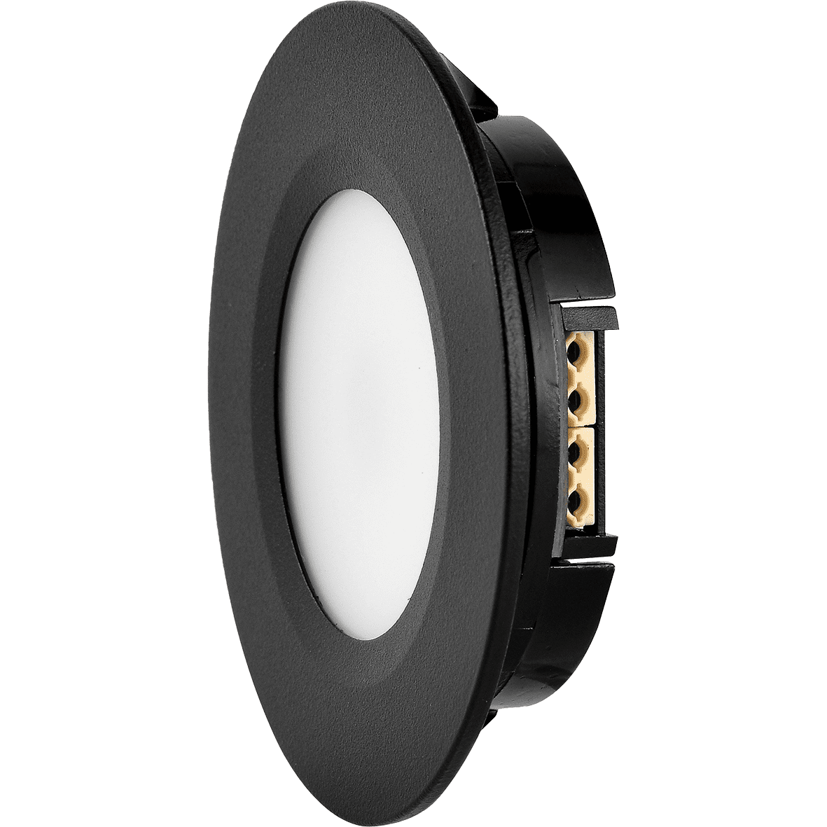 Q-36 Downlight 3000K Schwarz Von Designlight - Die R&uuml;ckseite der Leuchte verf&uuml;gt &uuml;ber eine Schnellanschlussklemme f&uuml;r + und - sowie xx, &uuml;ber die das Minuskabel zum Treiber zur&uuml;ckgef&uuml;hrt werden kann.
