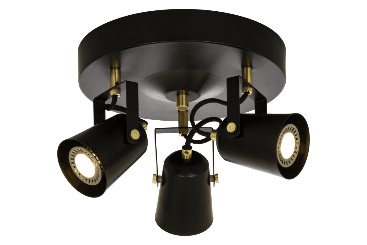 Metz 3 Schwarz spotlight Von Aneta Lighting - Schwarz mit Messingdetails und seiner stilvollen Form vermittelt es einen klassischen Eindruck im modernen Vintage-Stil.