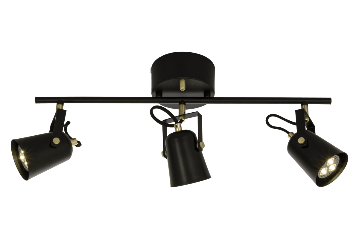 Metz 3 Schwarz spotlight Von Aneta Lighting - Schwarz mit Messingdetails und seiner stilvollen Form vermittelt es einen klassischen Eindruck im modernen Vintage-Stil.