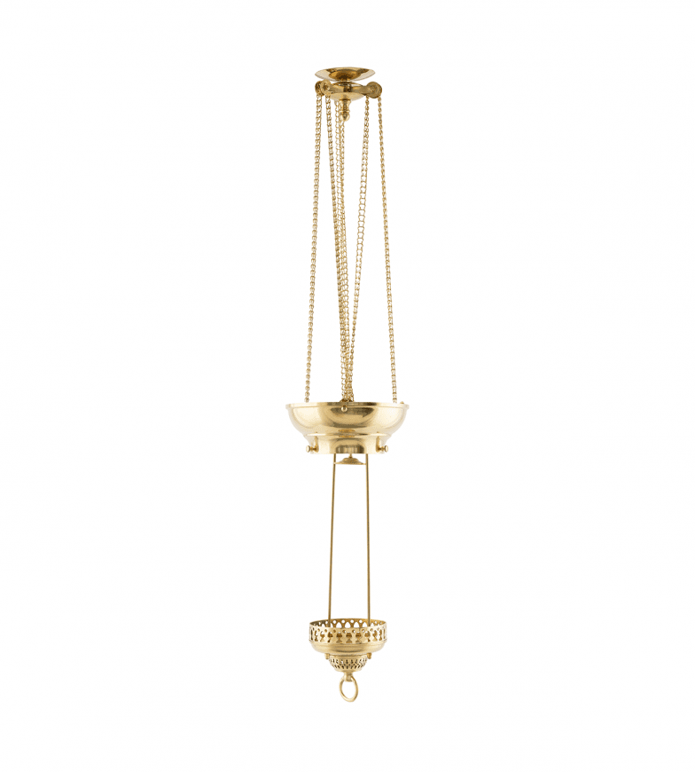 Moonlight-Style Pendant Lamp Messing Von Karlskrona lampfabrik - die Koholmen-Lampe, die im farbigen Glas platziert ist.