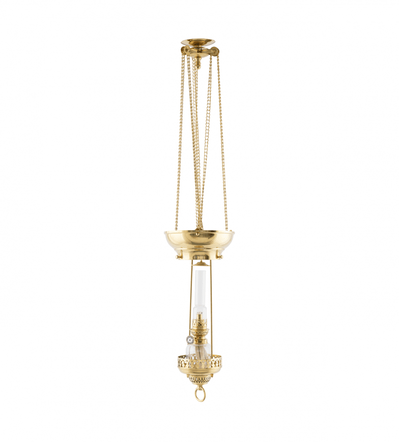 Moonlight-Style Pendant Lamp Messing Von Karlskrona lampfabrik - die Koholmen-Lampe, die im farbigen Glas platziert ist.