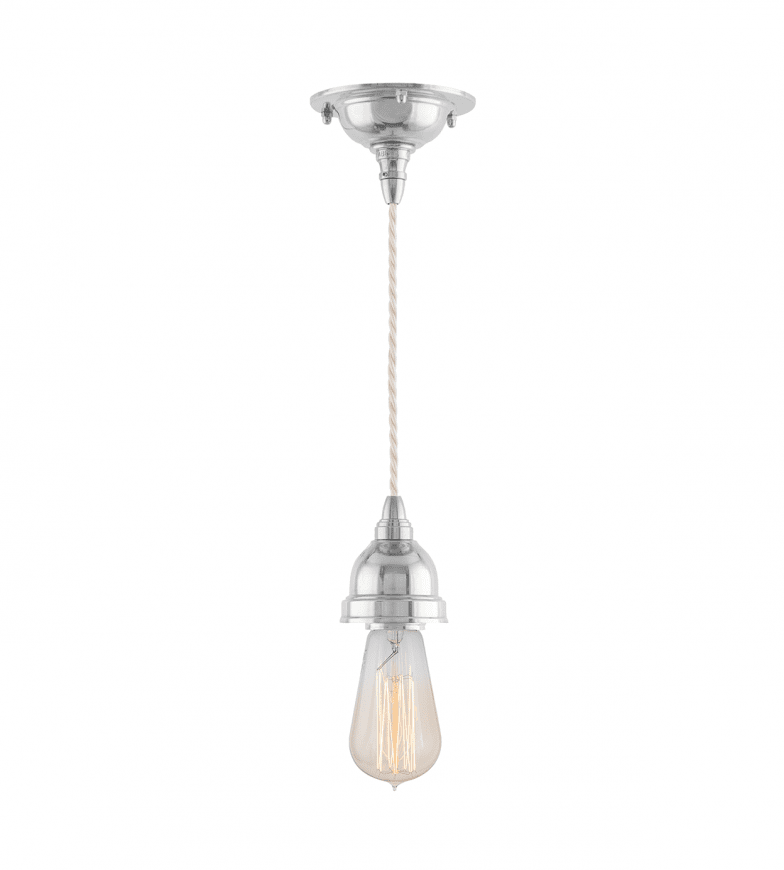 Byström 60 Nickel Von Karlskrona lampfabrik - Bystr&ouml;m &auml;r ett sladdupph&auml;ng med ett n&aring;got modernare formspr&aring;k, med inspiration fr&aring;n den tidiga modernismen p&aring; 1920- och 30-talet - dock fortfarande tillverkad helt i m&auml;ssing med f&ouml;rnicklad yta och f&ouml;rsedd med den klassiska tvinnade knoppledningen.
