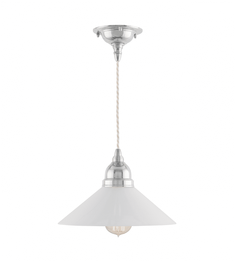 Byström 60 Nickel Von Karlskrona lampfabrik - Bystr&ouml;m &auml;r ett sladdupph&auml;ng med ett n&aring;got modernare formspr&aring;k, med inspiration fr&aring;n den tidiga modernismen p&aring; 1920- och 30-talet - dock fortfarande tillverkad helt i m&auml;ssing med f&ouml;rnicklad yta och f&ouml;rsedd med den klassiska tvinnade knoppledningen.