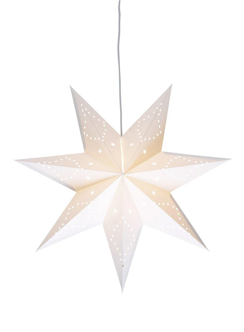 Saturnus Ø45 Weiß Von Markslöjd - Saturn Star White 45 cm ist ein wunderschöner hängender Weihnachtsstern aus weißem Karton mit dekorativem Perlenmuster, der ein stimmungsvolles Licht abgibt.