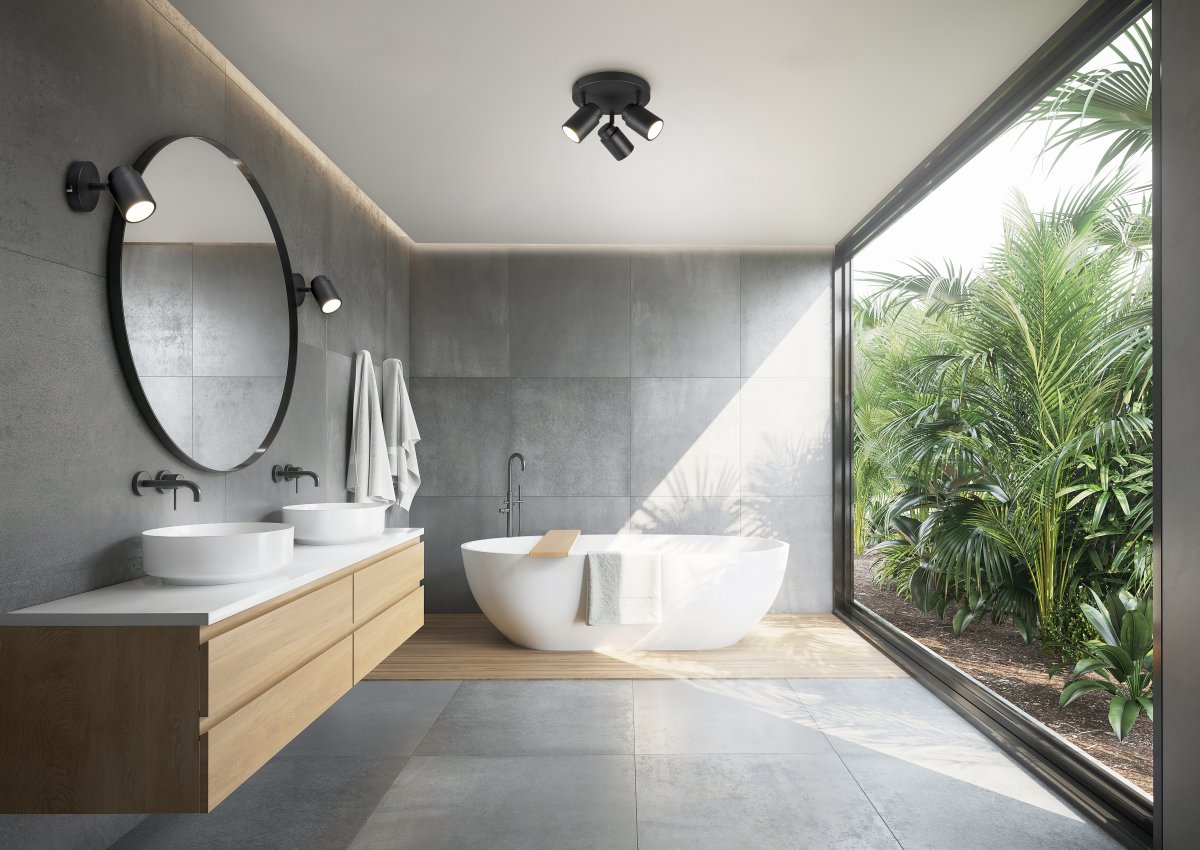 Angelo Ø20 Schwarz badezimmerlampe Von Trio Lighting - Dieser klassische Strahler mit stufenlos verstellbaren Schirmen und IP44-Schutz ist vielseitig einsetzbar und sowohl für die Waschküche als auch für das Badezimmer geeignet.