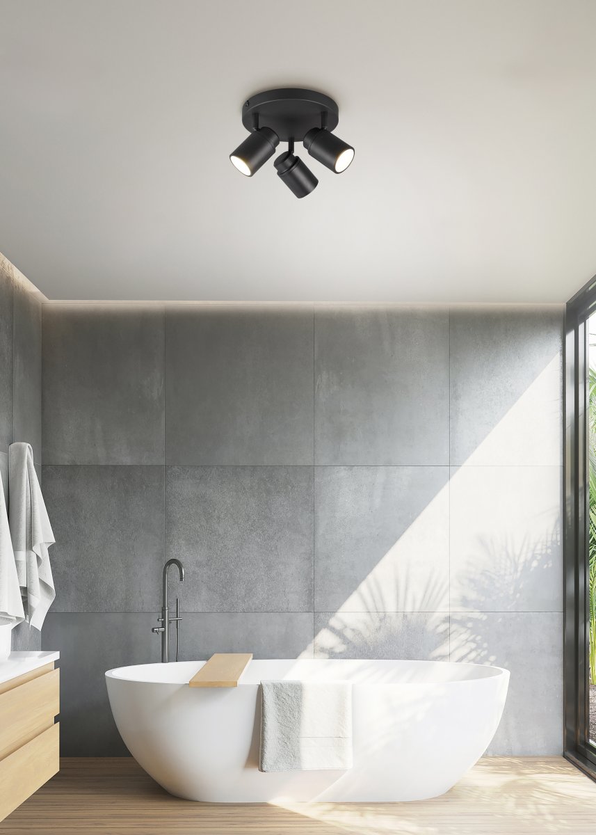 Angelo Ø20 Schwarz badezimmerlampe Von Trio Lighting - Dieser klassische Strahler mit stufenlos verstellbaren Schirmen und IP44-Schutz ist vielseitig einsetzbar und sowohl für die Waschküche als auch für das Badezimmer geeignet.