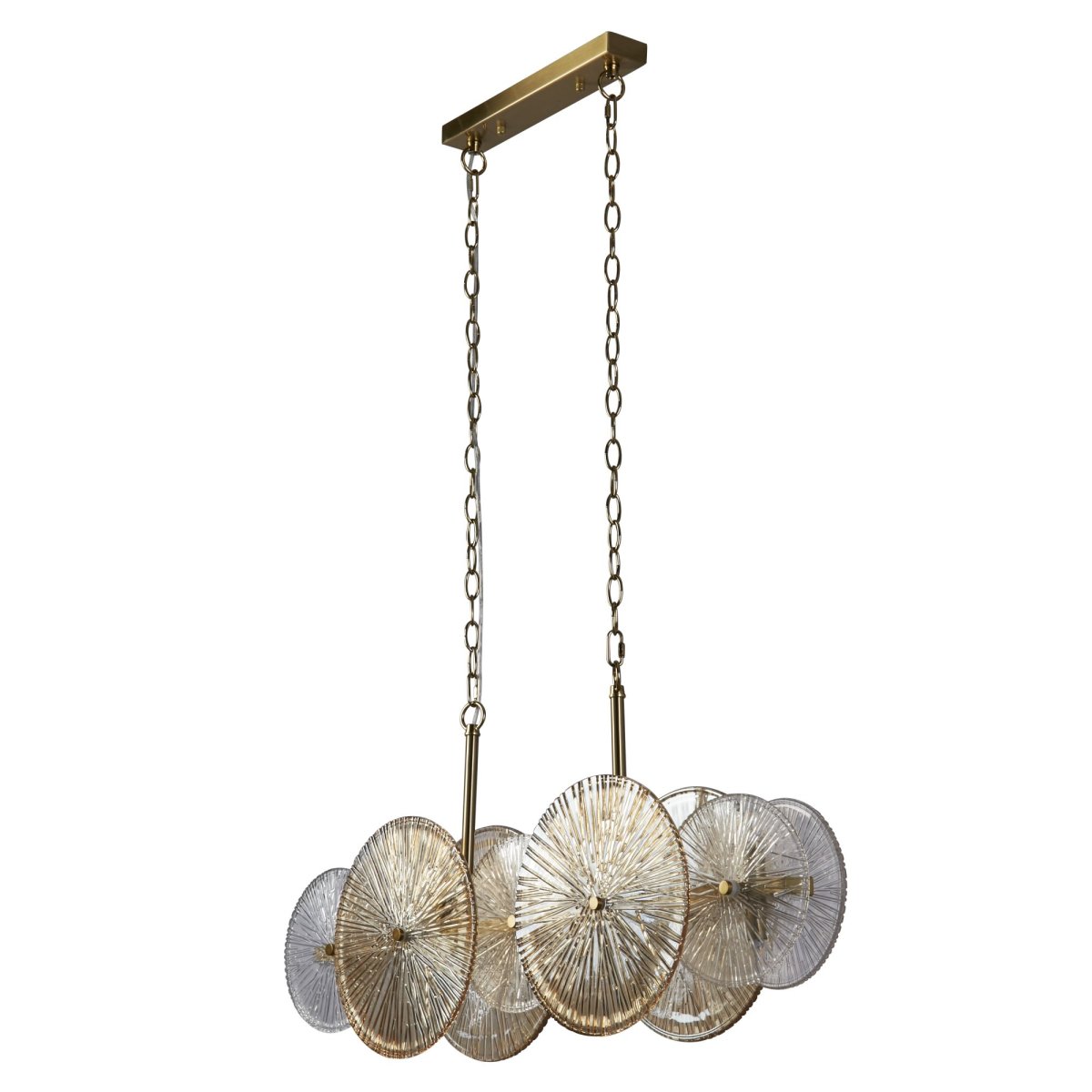 Wagon Wheel 90cm Bronze hängelampe Von Searchlight - Mit seiner Breite von 90 cm, dem stilvollen Bronze-Finish und den einzigartigen Glasplatten aus klarem und bernsteinfarbenem Glas wird es schnell zum Mittelpunkt des Raumes &ndash; Perfekt &uuml;ber dem Esstisch, in der K&uuml;che oder im Wohnzimmer.