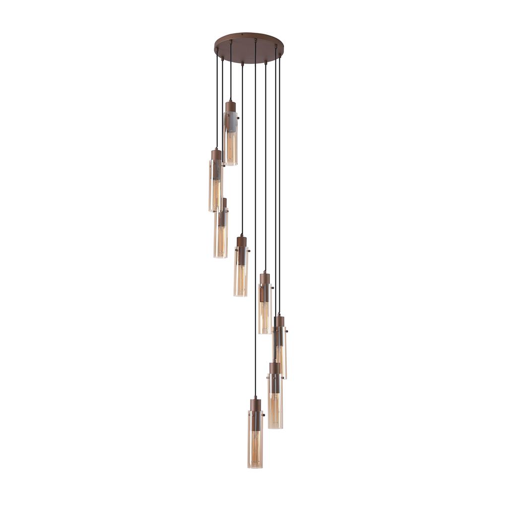 Sweden Ø42 Braun hängelampe Von Searchlight - Die l&auml;nglichen, bernsteinfarbenen Glasschirme sorgen f&uuml;r ein sanftes Licht und eine elegante Atmosph&auml;re, w&auml;hrend der mokkafarbene Metallrahmen einen anspruchsvollen und modernen Ausdruck verleiht.