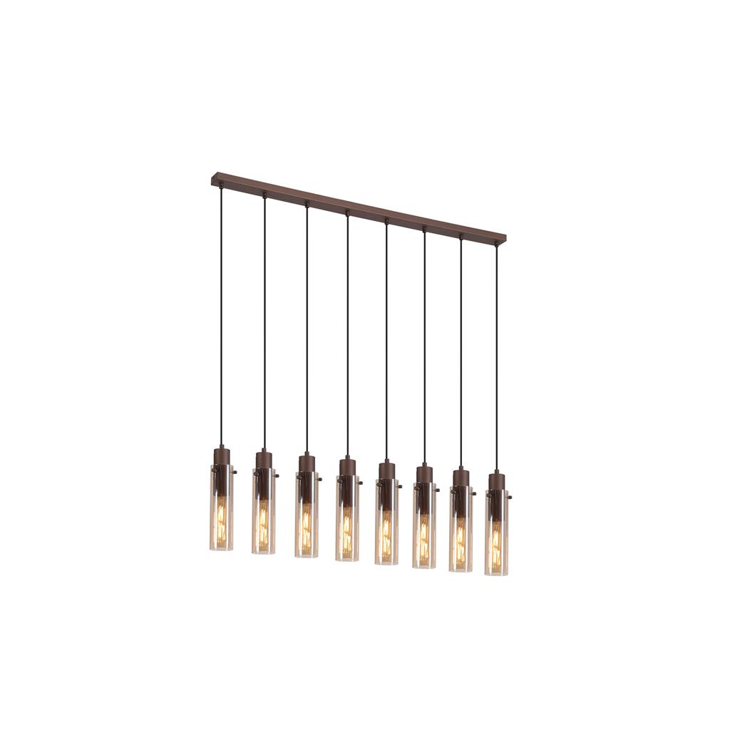 Sweden 110cm Braun hängelampe Von Searchlight - Die länglichen, bernsteinfarbenen Glasschirme sorgen für ein sanftes Licht und eine elegante Atmosphäre, während der mokkafarbene Metallrahmen einen anspruchsvollen und modernen Look verleiht.