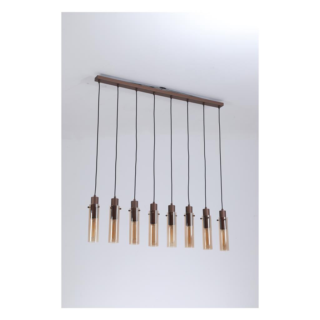 Sweden 110cm Braun hängelampe Von Searchlight - Die länglichen, bernsteinfarbenen Glasschirme sorgen für ein sanftes Licht und eine elegante Atmosphäre, während der mokkafarbene Metallrahmen einen anspruchsvollen und modernen Look verleiht.