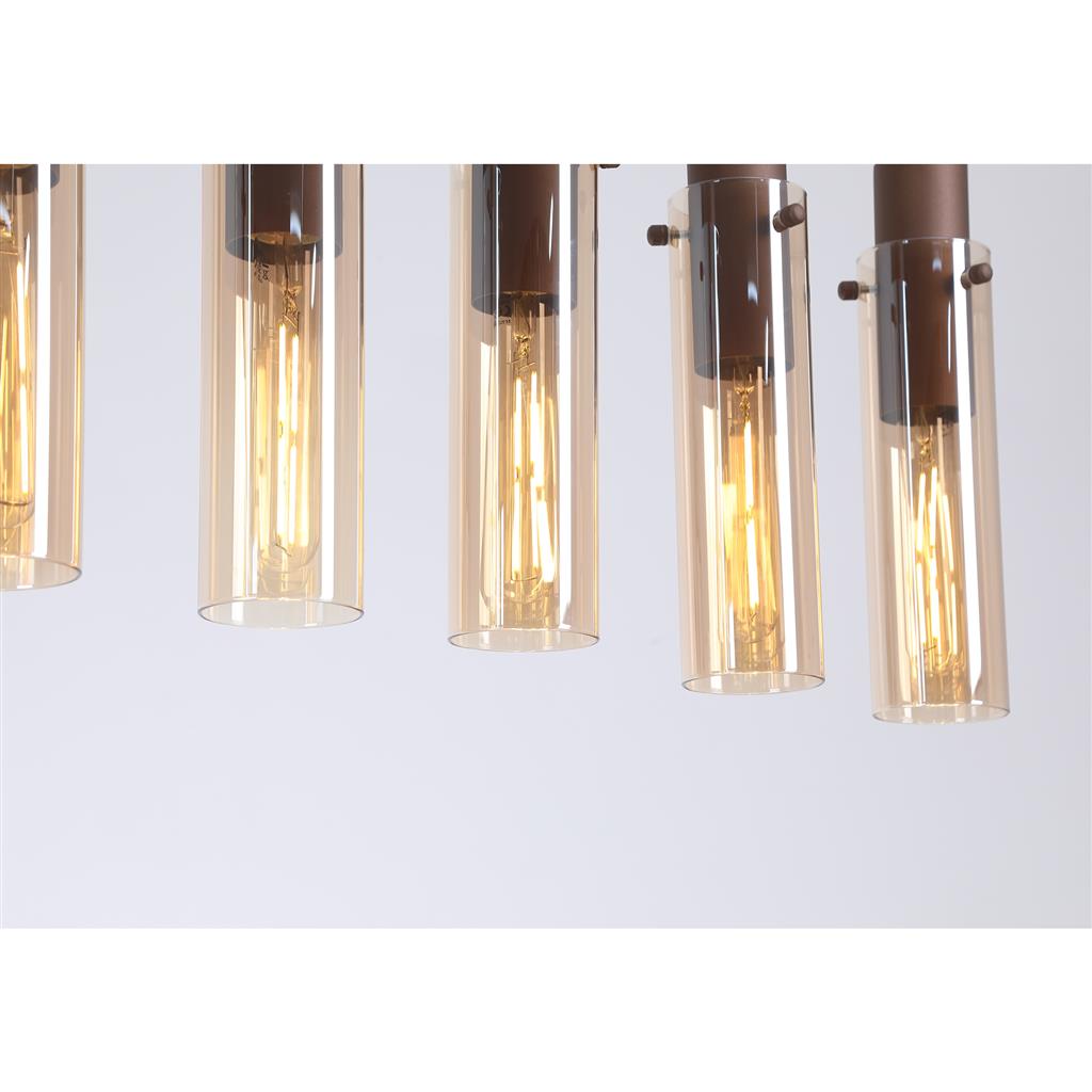 Sweden 110cm Braun hängelampe Von Searchlight - Die länglichen, bernsteinfarbenen Glasschirme sorgen für ein sanftes Licht und eine elegante Atmosphäre, während der mokkafarbene Metallrahmen einen anspruchsvollen und modernen Look verleiht.