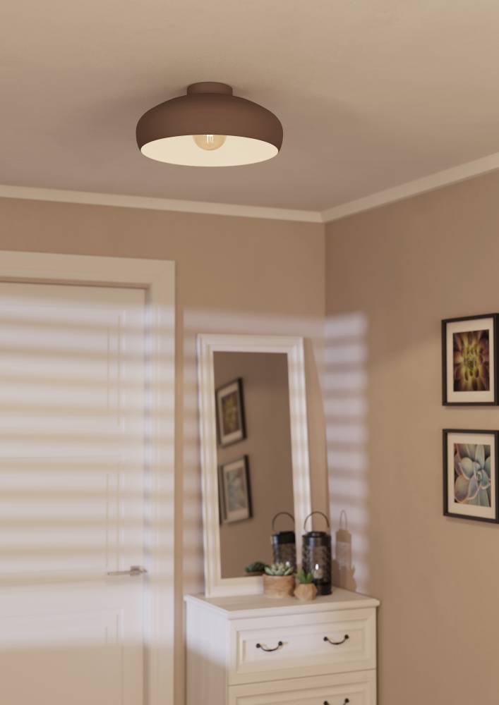 Mogano Ø40 Braun deckenleuchte Von Eglo - Mit seiner sanft abgerundeten Form und dem mattbraunen Finish schafft es eine warme und gemütliche Atmosphäre, perfekt für das Wohnzimmer, Schlafzimmer oder den Flur.