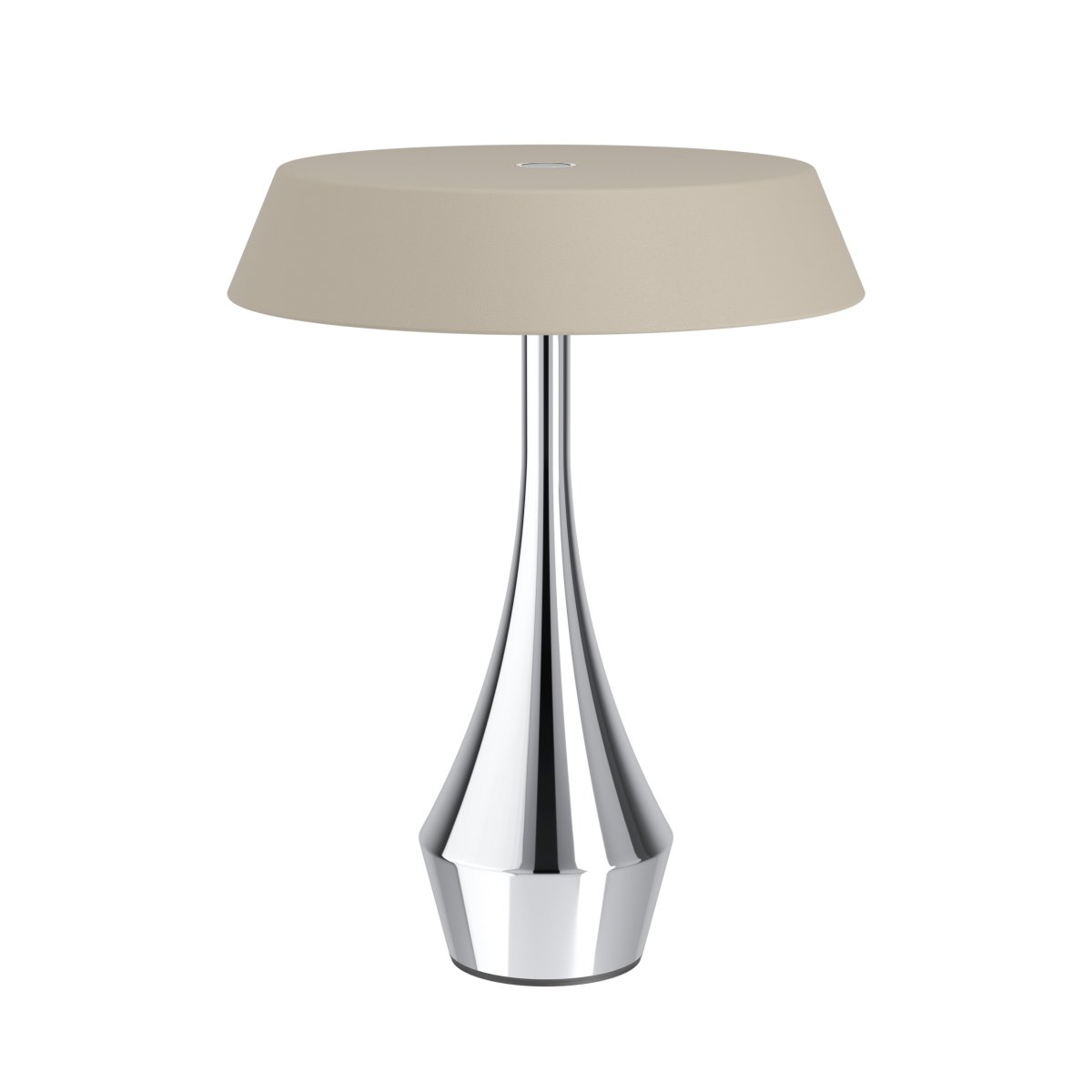 Turcio 20cm Chrom tragbare Von Eglo - Turcio ist eine tragbare Metalllampe mit einem glänzenden Chromfuß und einem sandfarbenen, strukturierten Schirm.
