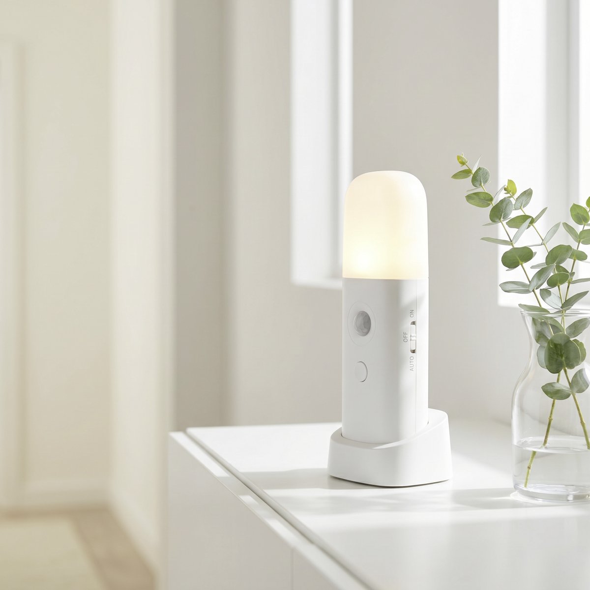 Merta Weiß tragbare Von Eglo - Die Lampe wird mit einer Station geliefert, auf der sie sich beispielsweise auf einem Nachttisch, einem Regal oder einem Schreibtisch platzieren lässt.