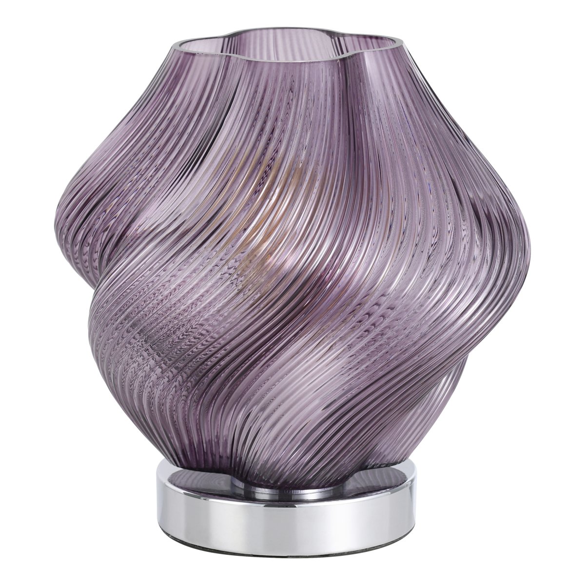 Vicenne 23cm Lila tischlampe Von Eglo - Das geriffelte Glas und die geschwungene Form erzeugen ein effektvolles Muster, das der Lampe sowohl im ein- als auch im ausgeschalteten Zustand ein ausdrucksstarkes Aussehen verleiht.