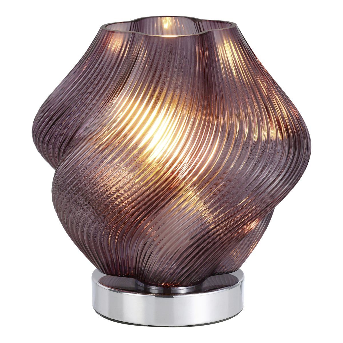 Vicenne 23cm Lila tischlampe Von Eglo - Das geriffelte Glas und die geschwungene Form erzeugen ein effektvolles Muster, das der Lampe sowohl im ein- als auch im ausgeschalteten Zustand ein ausdrucksstarkes Aussehen verleiht.