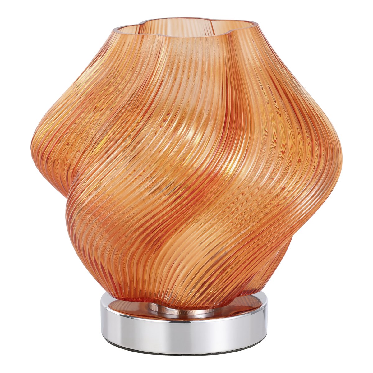 Vicenne 23cm Orange tischlampe Von Eglo - Der Glasschirm hat eine geschwungene Form mit einem gerippten Muster, das der Lampe sowohl im ein- als auch im ausgeschalteten Zustand einen ausdrucksstarken Charakter verleiht.