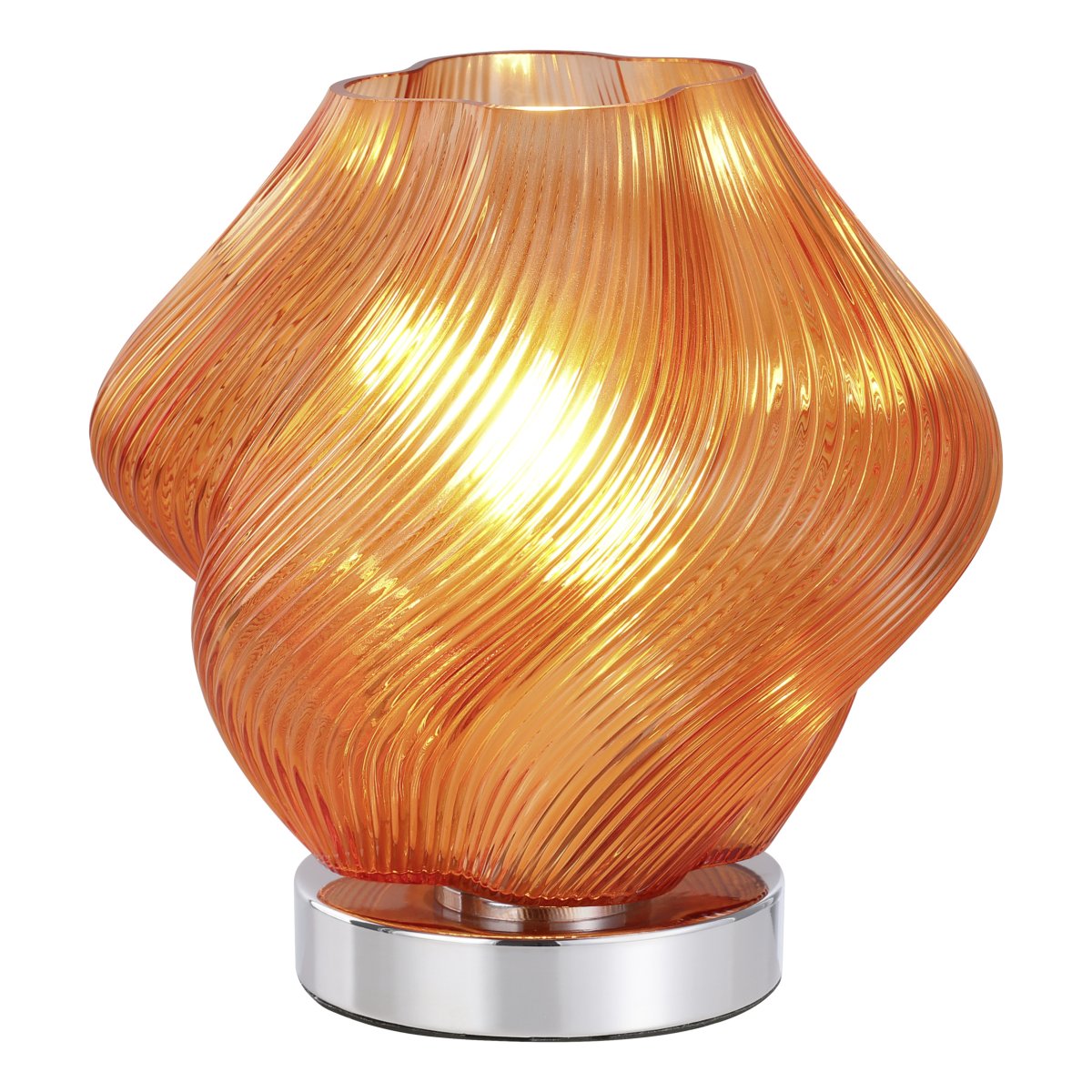 Vicenne 23cm Orange tischlampe Von Eglo - Der Glasschirm hat eine geschwungene Form mit einem gerippten Muster, das der Lampe sowohl im ein- als auch im ausgeschalteten Zustand einen ausdrucksstarken Charakter verleiht.