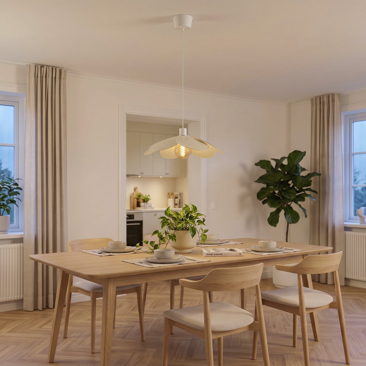 Binacua Ø40 Beige hängelampe Von Eglo - Der Schirm besteht aus sanft gerundeten Blättern, die sich überlappen und die Lichtquelle in der Mitte sichtbar machen.