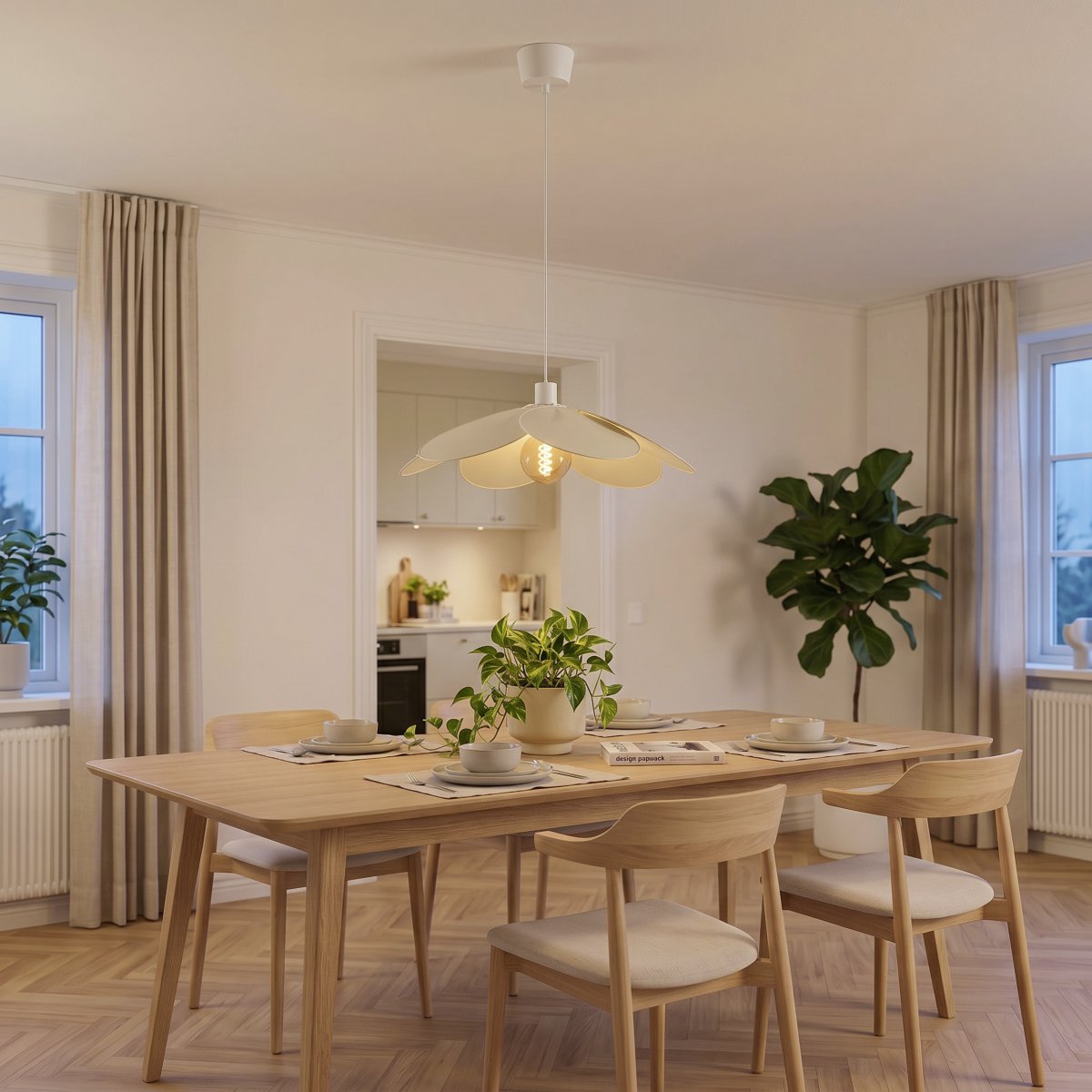Binacua Ø60 Beige hängelampe Von Eglo - Der Schirm besteht aus sanft gerundeten Blättern, die sich überlappen und die Lichtquelle in der Mitte sichtbar machen.
