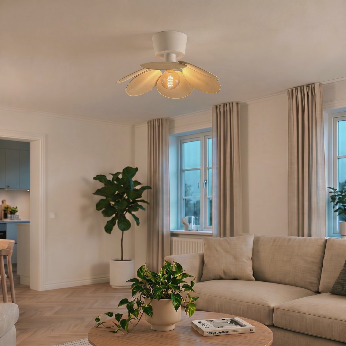 Binacua Ø45 Beige deckenleuchte Von Eglo - Der Schirm besteht aus sanft gerundeten Blättern, die sich überlappen und die Lichtquelle in der Mitte sichtbar machen.