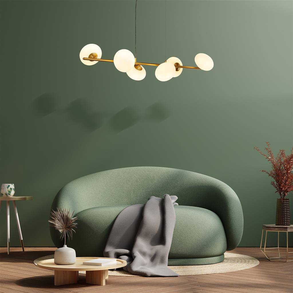 Pebble 100cm Gold hängelampe Von Searchlight - Die weichen Formen und das Glas verbreiten ein angenehmes Licht in alle Richtungen und machen Pebble zur perfekten Wahl sowohl f&uuml;r Wohn- als auch f&uuml;r Essbereiche.