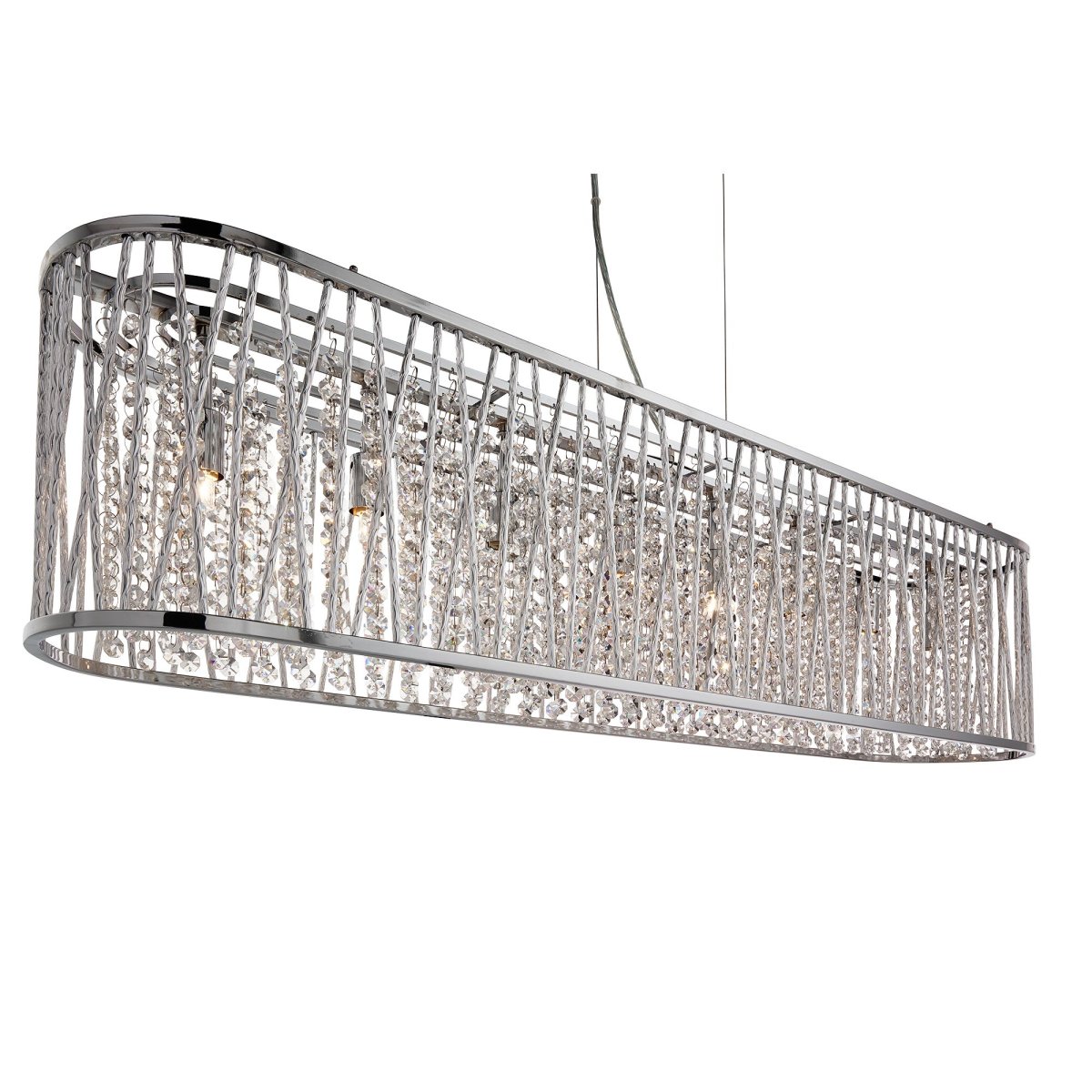 Elise 104cm Chrom hängelampe Von Searchlight - Die große, längliche Lampe in Chrom mit abgerundeten Ecken hat Aluminiumrohre in einem gekreuzten und geraden Muster um die Außenseite.