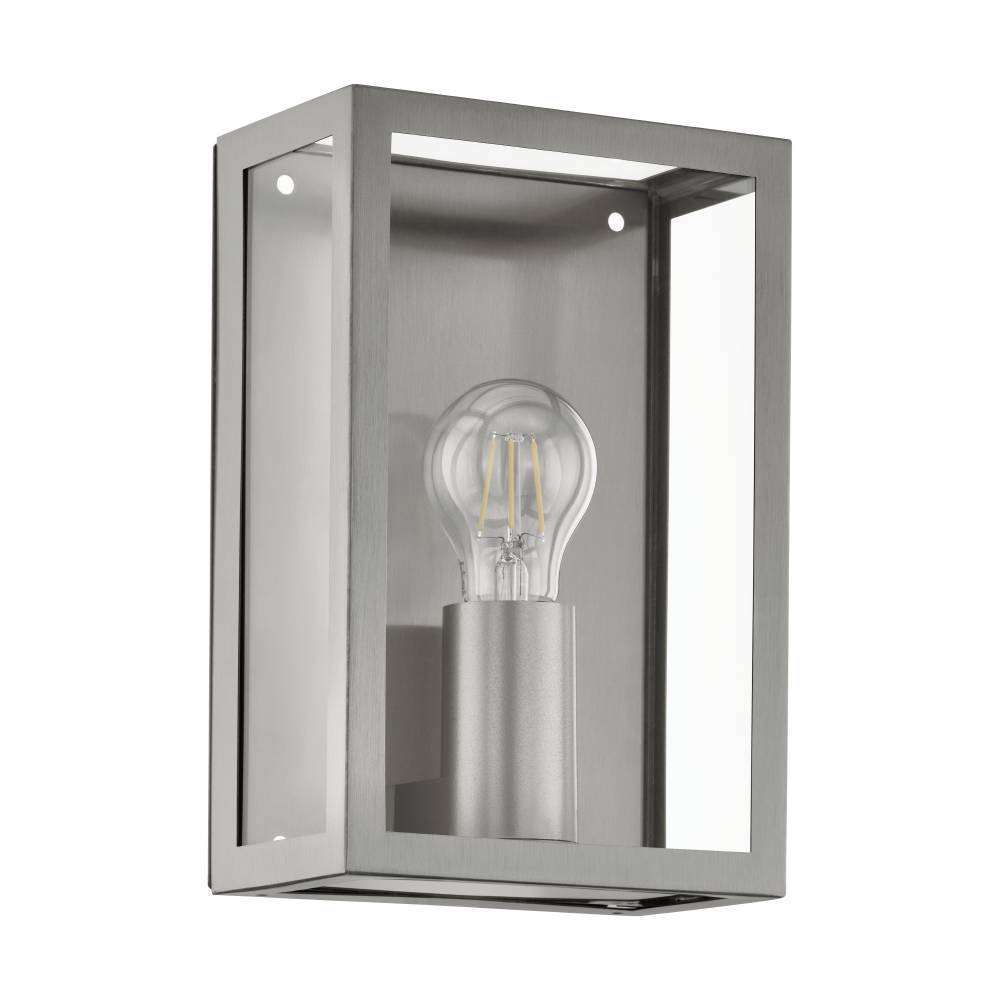 Alamonte Edelstahl außenlampe Von Eglo - Der offene Metallrahmen aus gebürstetem Stahl vermittelt ein industrielles Gefühl und hebt die sichtbare Glühbirne hervor, was für einen stilvollen Ausdruck sorgt.