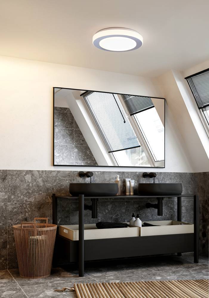 Led Carpi Ø38 Weiß badezimmerlampe Von Eglo - Diese Deckenleuchte hat ein einfaches und modernes Design mit einer runden Form und einem Chromrand.