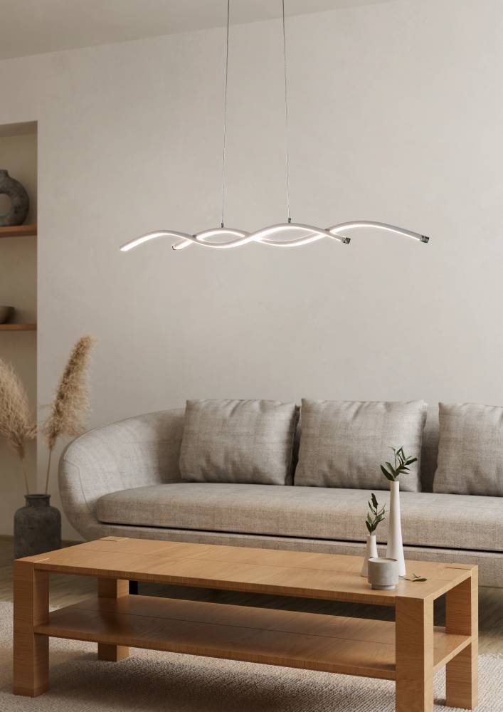 Lasana 87cm Chrom hängelampe Von Eglo - Die eleganten Kurven und der minimalistische Stil machen es zur idealen Wahl für moderne Innenräume und seine glatte Chromoberfläche sorgt für ein subtiles, anspruchsvolles Aussehen.