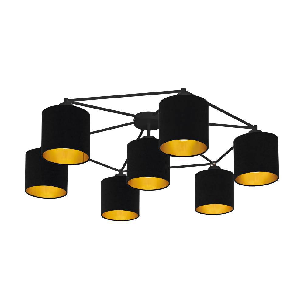 Staiti 84cm Schwarz deckenleuchte Von Eglo - Das moderne Design kombiniert sieben schwarze Lampenschirme mit goldfarbener Innenseite und erzeugt so ein warmes und einladendes Licht.