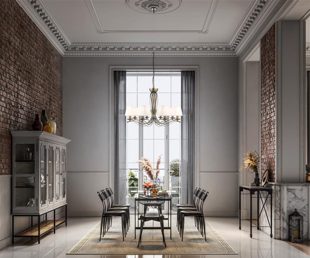 Andretti Ø76 Antikmessing hängelampe Von Searchlight - Die weißen, plissierten Textilschirme sorgen für eine sanfte und gleichmäßige Lichtverteilung und erzeugen ein stimmungsvolles Licht- und Schattenspiel.