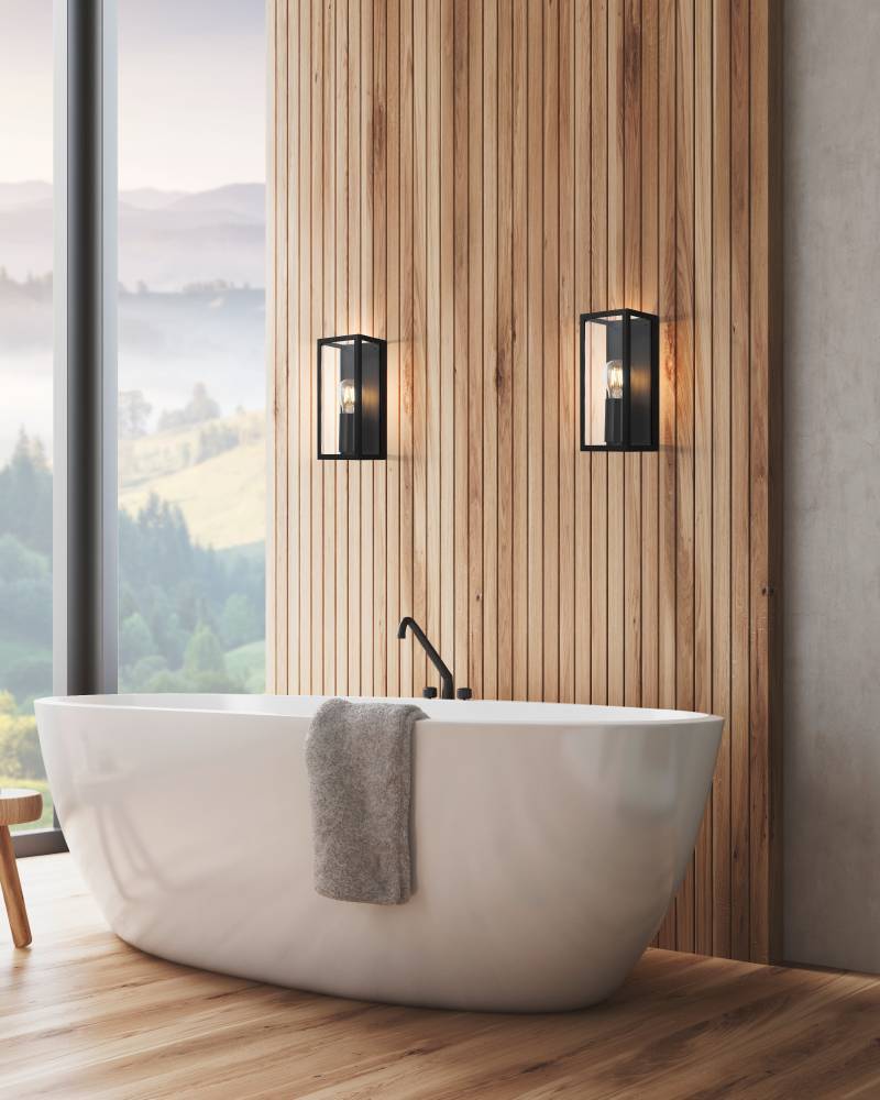 Amezola Schwarz außenlampe Von Eglo - Mit ihrer rechteckigen Form und der sichtbaren Lichtquelle vermittelt sie einen trendigen, industriellen Eindruck und verbreitet gleichzeitig ein angenehmes Licht.