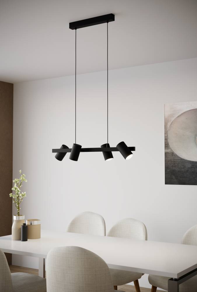 Gatuela 76cm Schwarz hängelampe Von Eglo - Die schwarze Oberfläche vermittelt einen eleganten und anspruchsvollen Eindruck und eignet sich perfekt für moderne Innenräume wie Küchen, Esszimmer oder Arbeitsbereiche, in denen eine gezielte Beleuchtung unerwünscht ist.